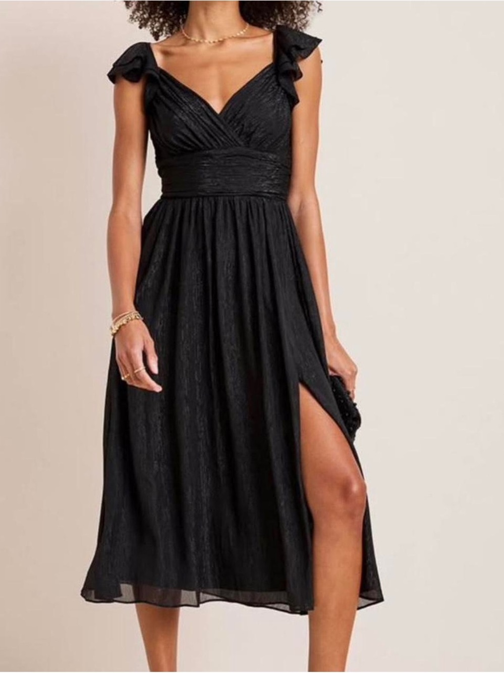 Francesca's Shimmer Black V-Neck Ruffle Strap Midi Dress